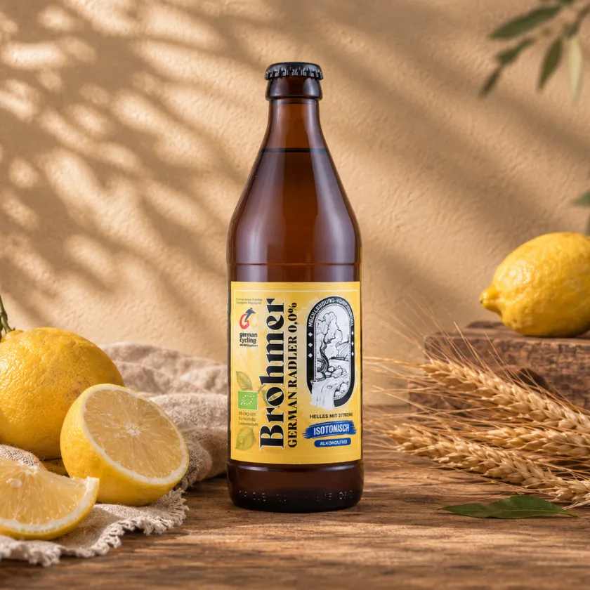 Flasche Brohmer German Radler 0,0 mit German-Cycling-Logo auf dem Etikett