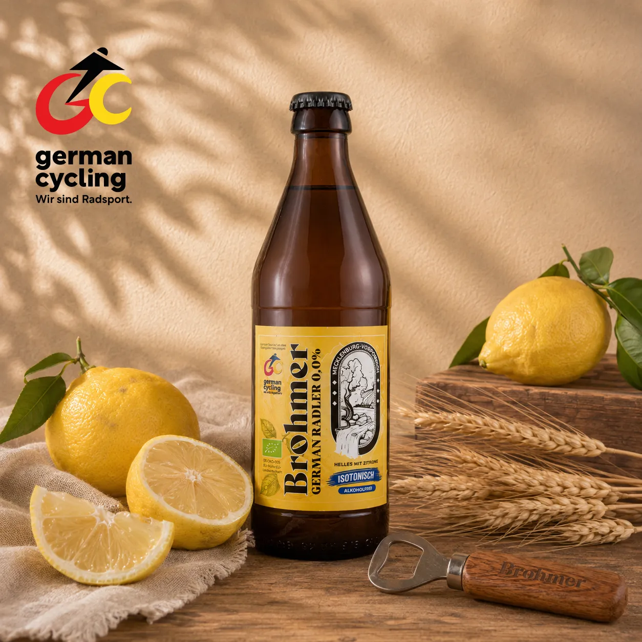 Flasche Brohmer German Radler 0,0 mit German-Cycling-Logo auf dem Etikett